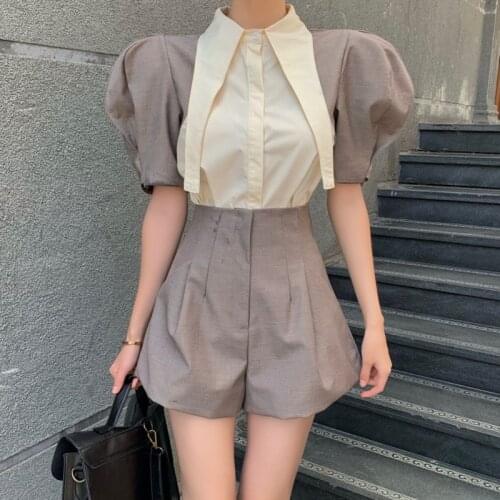 Summer Vintage Chic Two Piece Set Women Puff Sleeve Blouse + High Waist Shorts Suits Female Shirt Tops Pants Sets Ensemble Femme