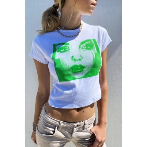 Fashion Casual Ladies Summer Round Collar T-shirt,Creative Human Face Printing Short Sleeve Midriff-baring Tops Slim Base Shirt