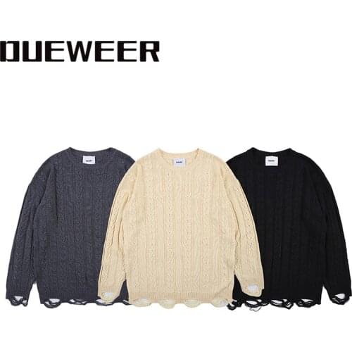 Dueweer Men Women Ripped Pullovers Sweaters Solid Color Knit Loose Casual Pullover Hip Hop Hole Sweater
