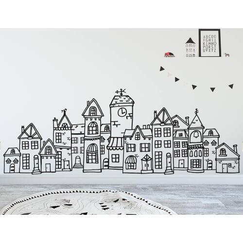 Scandinavian Style Cute Village Wall Decal Hand Drawn Town Kids Decor Nordic Nursery Vinyl Wall Sticker Vinilos Infantiles A838