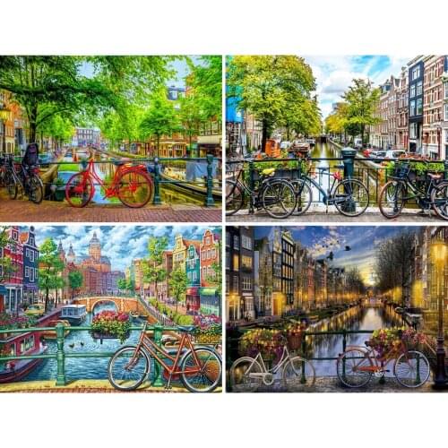 Landscape 5D DIY Diamond Painting Bicycle Street Cross Stitch Kit Full Drill Embroidery Mosaic Art Picture of Rhinestones Decor