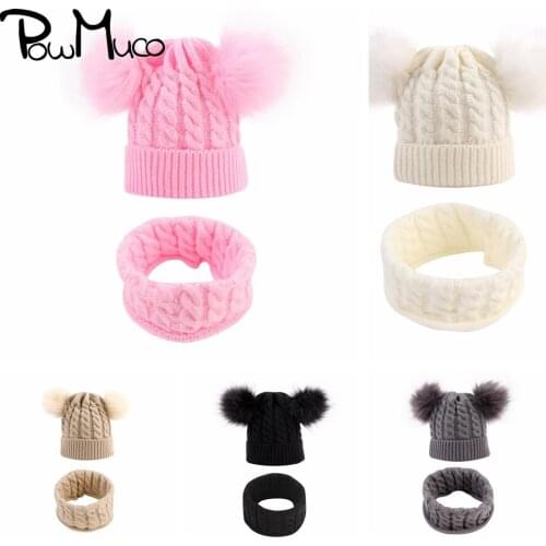 Powmuco Newborn Solid Color Knitted Wool Hat and Scarf Set Fashion Double Pompom Cap Winter Warm Toddler Bonnet Birthday Gifts