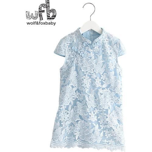 Retail 2-8 years short-sleeved lace embroidered cotton girl cheongsam dress children summer