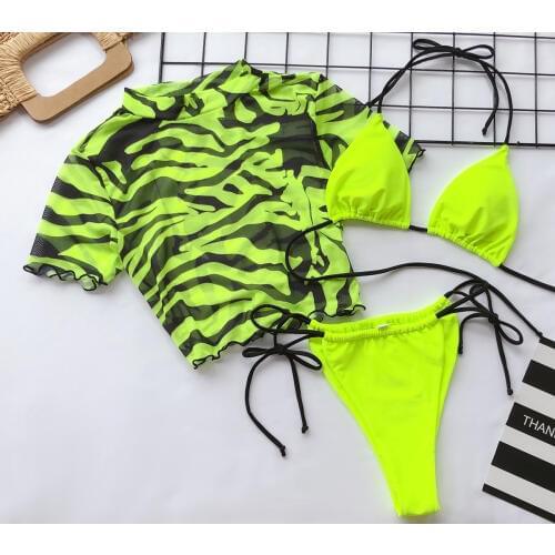 Sexy Tiger Leopard Print Three Piece Swimwear Thong Bikini Bathing Suit Push Up Bikini Set Short Sleeve Brazilian Swimsuit Women