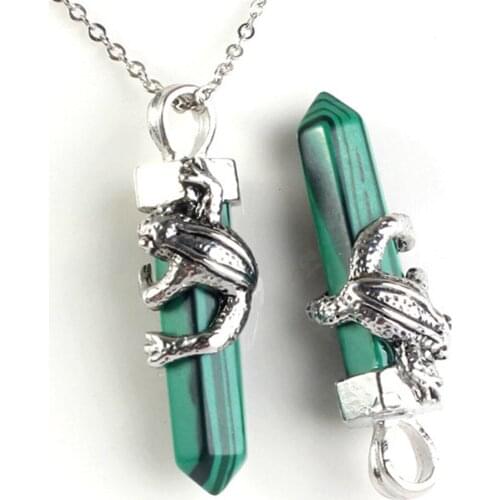 Hexagonal Semi Precious Crystal Unique Design Toad Natural Malachite Green Stone Beads Cabochon Pendant ,Power Healing Chakra