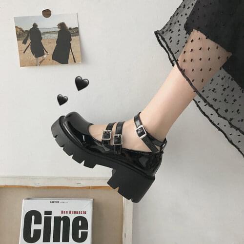 Apanzu gothic lolita shoes Round Head Mary Jane Shoes Japanese College Girl JK Uniform PU Platform Strap Waterproof Black Shoes