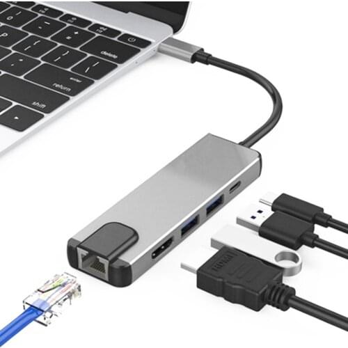 4K USB C Hub to Gigabit Ethernet Rj45 Lan 5 in 1 USB Type C Hub Hdmi Adapter for Mac book Pro Thunderbolt 3 USB-C Charger PD