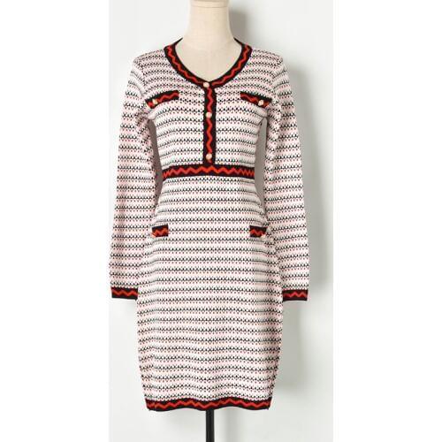 PERHAPS U Women Knitted Dress V Neck White Black Red Long Sleeve Elegant Knee Length Dress Autumn D1354