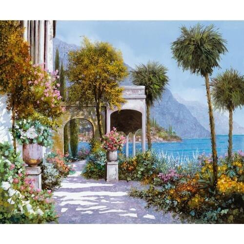 High quality handmade oil painting on canvas Walk to the lake Italian Cityscape Mediterranean garden picture modern art