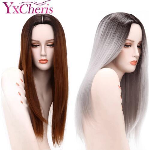 YxCheris Ombre Grey Wigs For Women Brown Blonde Hair Wigs Female Heat Resistant Fiber Long Woman Wigs Halloween Costume