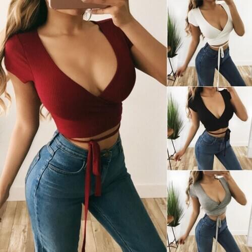 Kayotuas Women Blouse Bandage Big Open Deep V-Neck Sexy Ladies Shirt Top Solid Elegant Short Sleeve Summer Hot Clothing