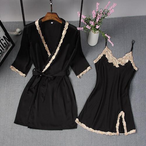Women Sleepwear Robe Sexy Lace Femme Robe Set Sleep Lounge Indoor Clothing Ladies Nightwear Bathrobe Night Dress with Chest Pad