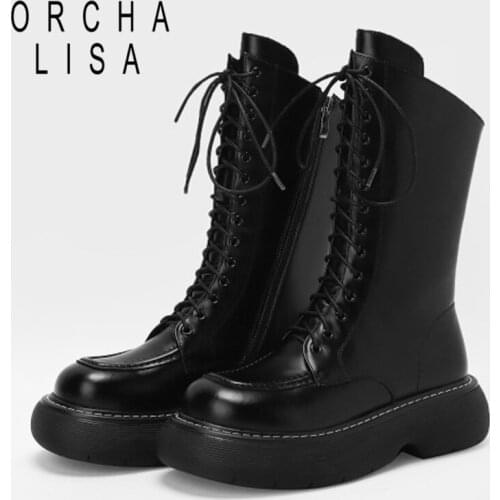 Genuine Leather Lace-up Round Toe Waterproof 5.5CM Platform Shoes Autumn Winter Women Boots Leisure Fashion Ankle Boots S2377