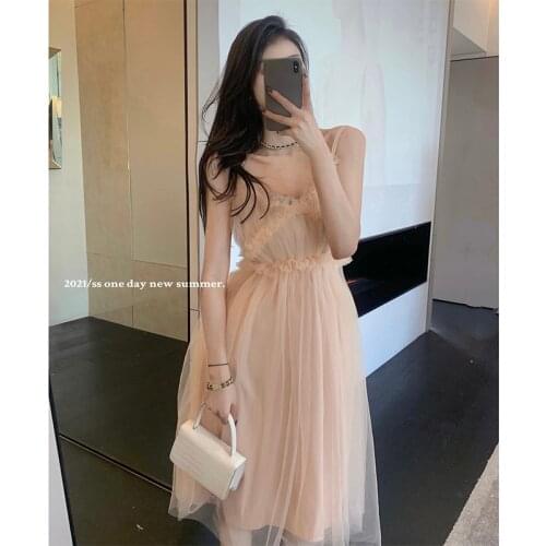 2021 Summer New Womens V-Neck Chic Gentle Wind Rose Bud Multi-Layer Mesh Sling Fashion Elegant Avant-Garde Fairy Dress