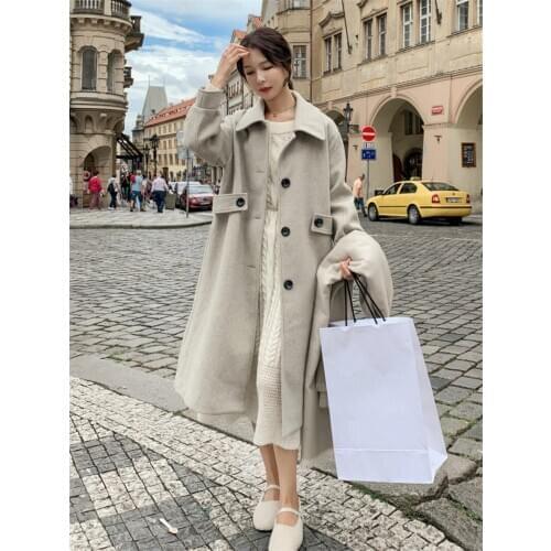 2020 Autumn and Winter New Korean Style Woolen Jacket Ladies Mid-Length Loose Single Breasted Blends Coat Long Windbreaker k1315