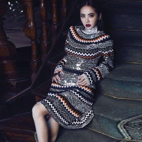 HIGH QUALITY Newest Spring Fashion 2021 Runway Womens Long Sleeve Luxury Bling Sequined Colorful Striped Wool Sweater Dress