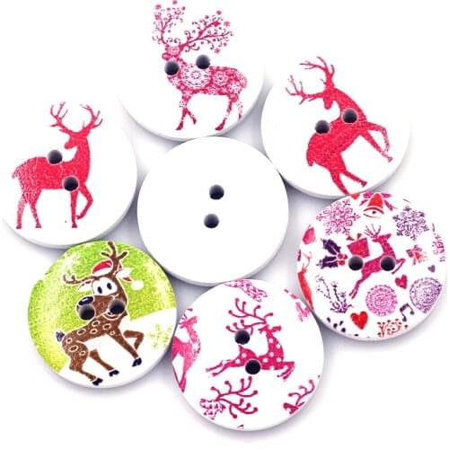 10PCS 20mm Mixed Round Wood Buttons 2 Holes Christmas Theme Elk Clothes Scrapbook Knitting Bag Gift Decor Sewing Accessories