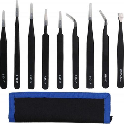 9pcs ESD Precision Industrial Tweezers Anti-static Anti-magnetic Stainless Steel Tweezers Set for Electronics Soldering