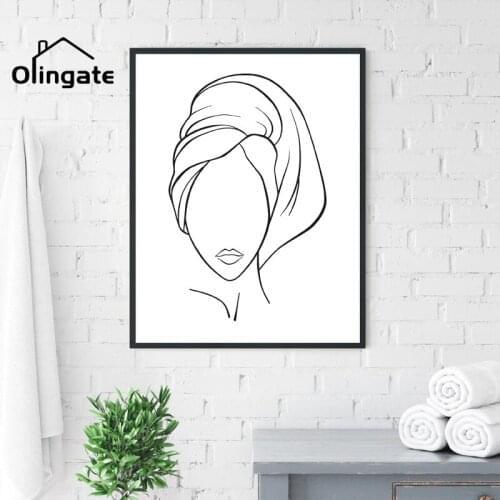 Black and White Minimal Line Wall Poster Abstract Woman Face Art Print One Piece Canvas Painting Home Decor for Washroom Bath
