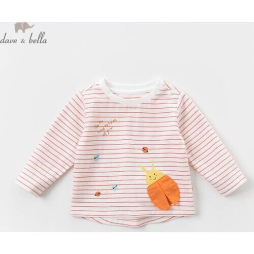 DBZ13317 dave bella spring baby girls cartoon striped T-shirt children long sleeve tops girls cute pullover kids fashion tees