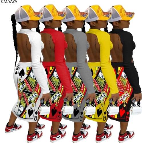 CM.YAYA Women Spade Q Black Queen Letter Print Long Sleeve Open Back Bodycon Maxi Dress Streewear Active Wear Long Dresses