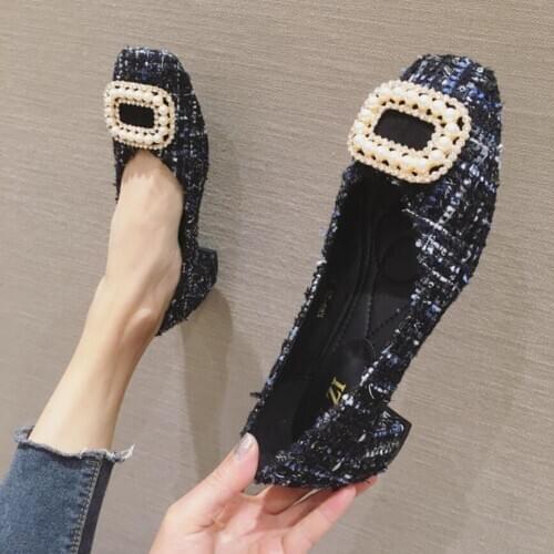 European brand designer pearl buckle med-high heels shoes mixed color sequined cloth pumps chunky heels beading calzado mujer