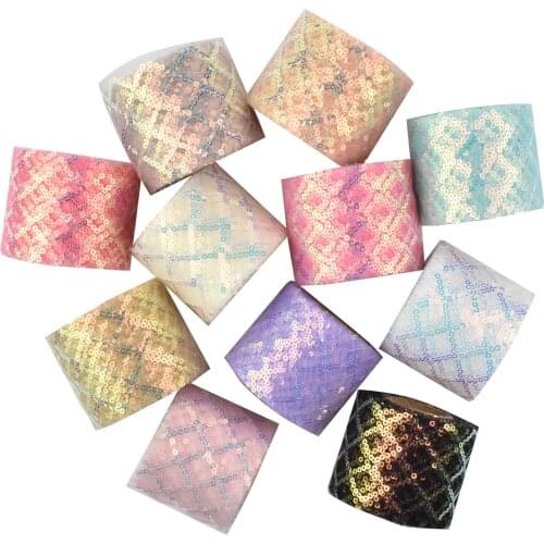 HSDRibbon 60MM Colorful Sequins yarn printed Pattern organza Mesh Fabric Ribbon
