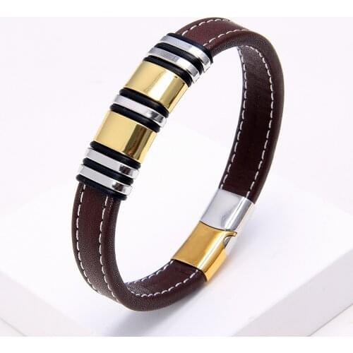 Classic Brown Genuine Leather Men Stainless Steel Metal Bracelet Women 2021 Fashion Jewelry Unisex Couple Bracelet Homme