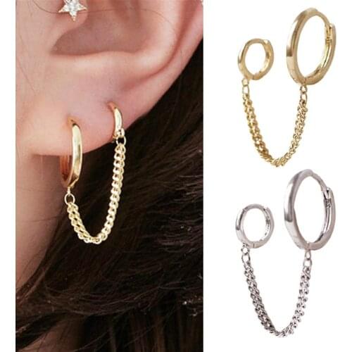 1PCS Korean Stainless Steel Earrings Double Round Fashion Tassel Retro Long Chain Hoop Metal Earrings Jewelry