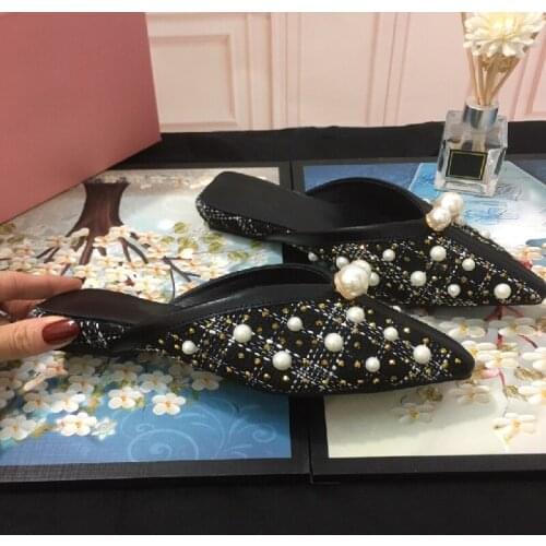 Summer Women Shoes Female Career Sandals Ladies Black Chaussures Fashion Sandales Pearl New Pointedd Toe Sandalias Low Heels