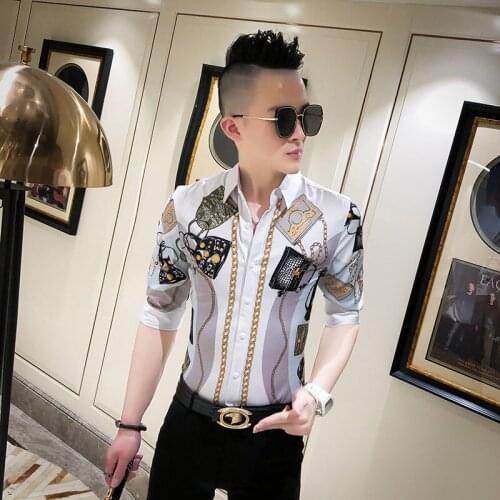 Fashion digital printing sleeve slim shirt stylist Korean version of new work clothes British Joker mens shirt