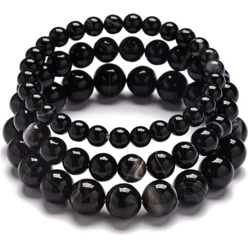 Punk Fashion 6/8/10mm Round Ball Beaded Circle Elastic Bracelets Natural Black Agates Stone Wristband Bracelets Women Men Gifts