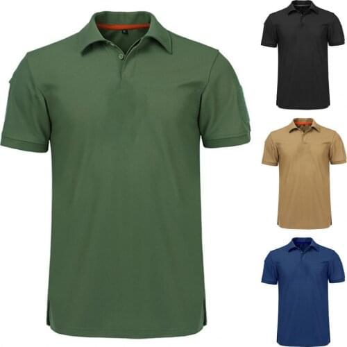 40%HOTMen Military T-shirt Lapel Short Sleeve Solid Color Buttons Quick Drying Top for Outdoor Sports