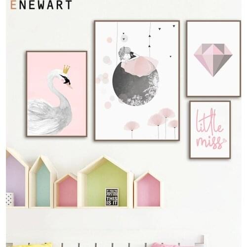 Child Poster Baby Nursery Wall Art Queen Swan Canvas Print Cartoon Sleepping Girl Painting Nordic Kids Girl Bedroom Decoration