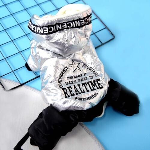 Silver Color Dog Down Jacket Winter Warm Four-Legged Jumpsuit For Pet Waterproof Hoodie Cotton-Padded Coat Pet Costumes