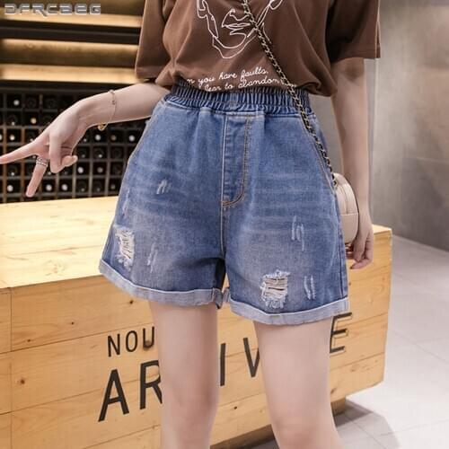 Summer Fashion Streetwear Ripped Denim Shorts Women Harajuku Scratch Hole Shorts Jeans Loose Elastic Waist Plus Size Short Femme