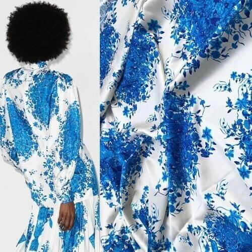 100X145cm Fashion Blue and white porcelain Flower Printed Imitation Silk Satin Fabric For Woman Dress Blouse Pajamas DIY Sewing