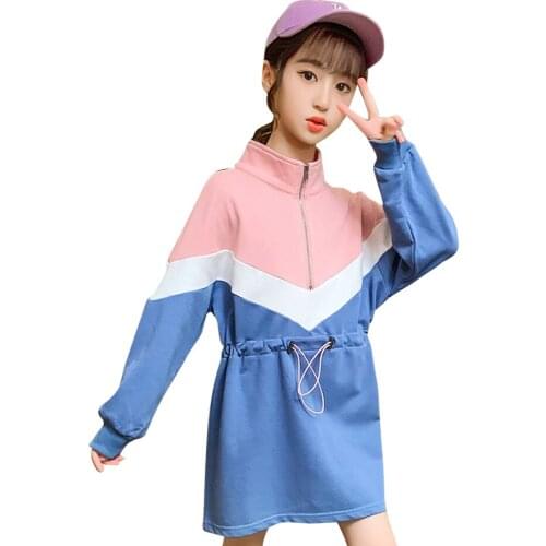 Teenage Girl Sport Dress Patchwork Girls Dresses Zipper Fly Kid Dress Spring Autumn Girl Costume 6 8 10 12 14