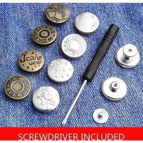 10PCs Screw Bronze Metal Buttons for Clothing Pants Jeans Perfect Fit for Waist Adjust No Nail Metal Jean Buttons w/ Screwdriver
