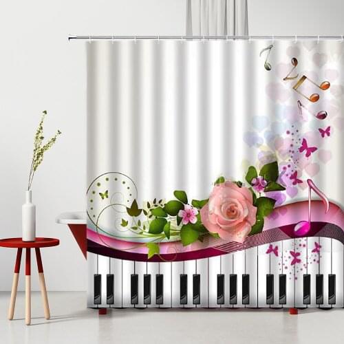 Printed Shower Curtain Black And White Piano Keys Music Flower For Bathroom Curtains Home Decor Supplies Bath Screen Washable