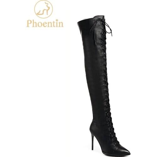 Phoentin lace up leather thigh high boots with zipper for ladies 2018 thin high heels 10cm boots overknee black long shoes FT507