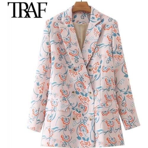 ZHENBAILI 2021 Za Woman Floral Print Long Sleeve Notched Collar Double Breasted Women Casual Jackets Office Straight Blazers
