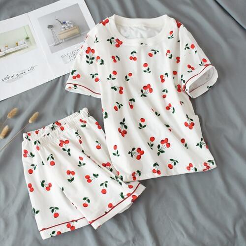 KISBINI Summer Womens Pajamas Set Cute Cherry Print 100% Cotton Soft Short Sleeve T-shirt+Shorts Sets Sleepwear Women Pajamas