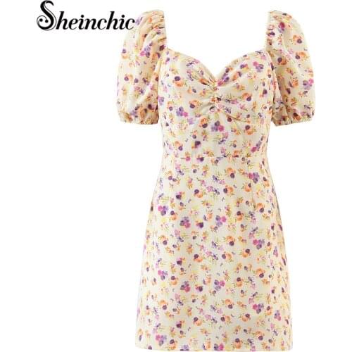 Vintage Printed Summer Clothes for Women 2021 Elegant Short Puff Sleeve Floral Mini Dress Vestido De Mujer