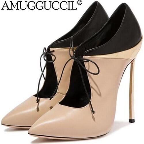 2020 New Plus Big Size 34-43 Black Beige Lace Up Fashion Sexy High Heel Party Spring Female Lady Shoes Women Pumps D1315