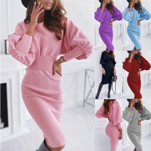 2021 casual solid color round neck waist knit sweater sexy bag hip dress womens clothing