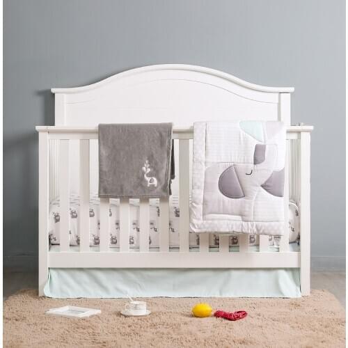 4PCS Grey Newborn Crib Bedding Set embroidery Baby Bedding Baby Nursery Baby Items , Fiteed Sheet +Dust Ruffle+Duvet+Blanket