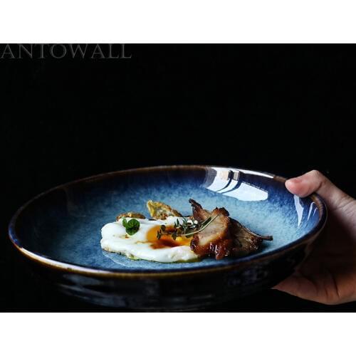 ANTOWALL Smooth Blue Ceramic Salad Deep Plate 8.5inch large Capacity Tableware Soup Sauce Plate Dish Wholesale