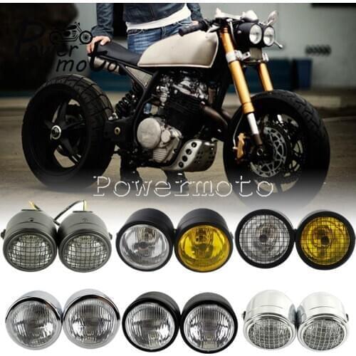 Dual Twin Dominator Headlight Mesh Grill Cafe Racer H4 Double Head Light w Mount Bracket for Harley Honda Bobber Touring Cruiser