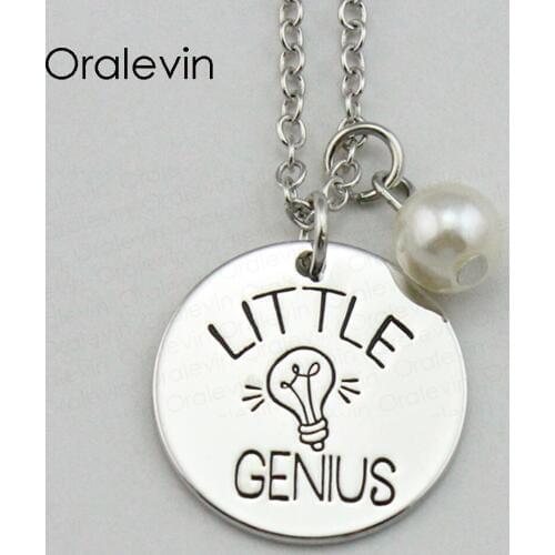 Hot Sale LITTLE GENIUS Inspirational Hand Stamped Engraved Custom Charm Pendant Female Necklace Gift Jewelry,10Pcs/Lot, #LN1977